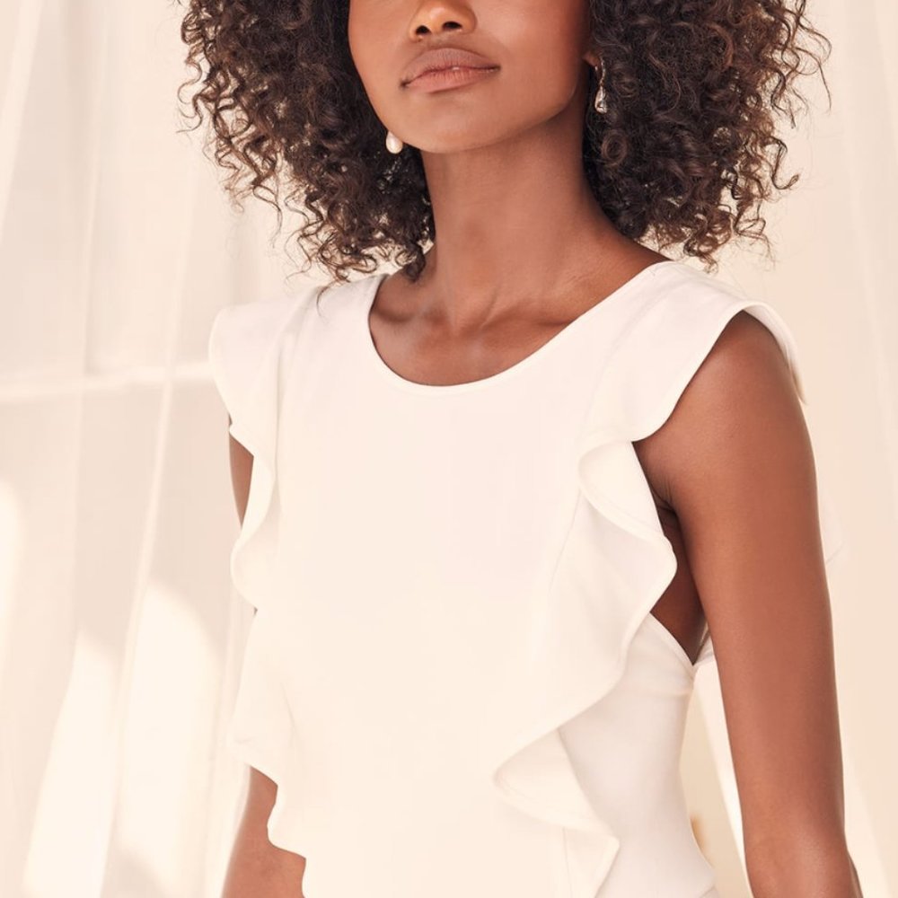 Lulu's White Ruffled Wide-Leg Jumpsuit (Size Small)